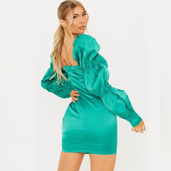 PLT Satin Puff Sleeve Bodycon Dress - Emerald Green - Picture 5 of 9